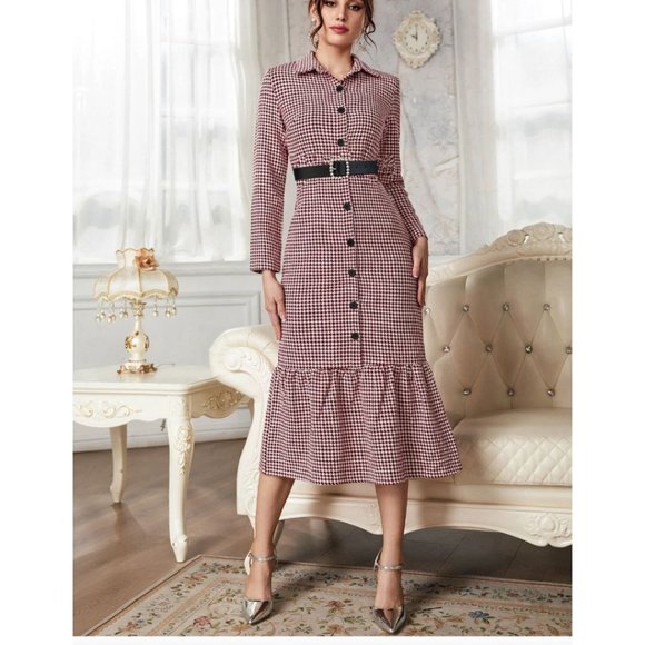 Houndstooth Print Belted Tweed Dress - Picture 1 of 9